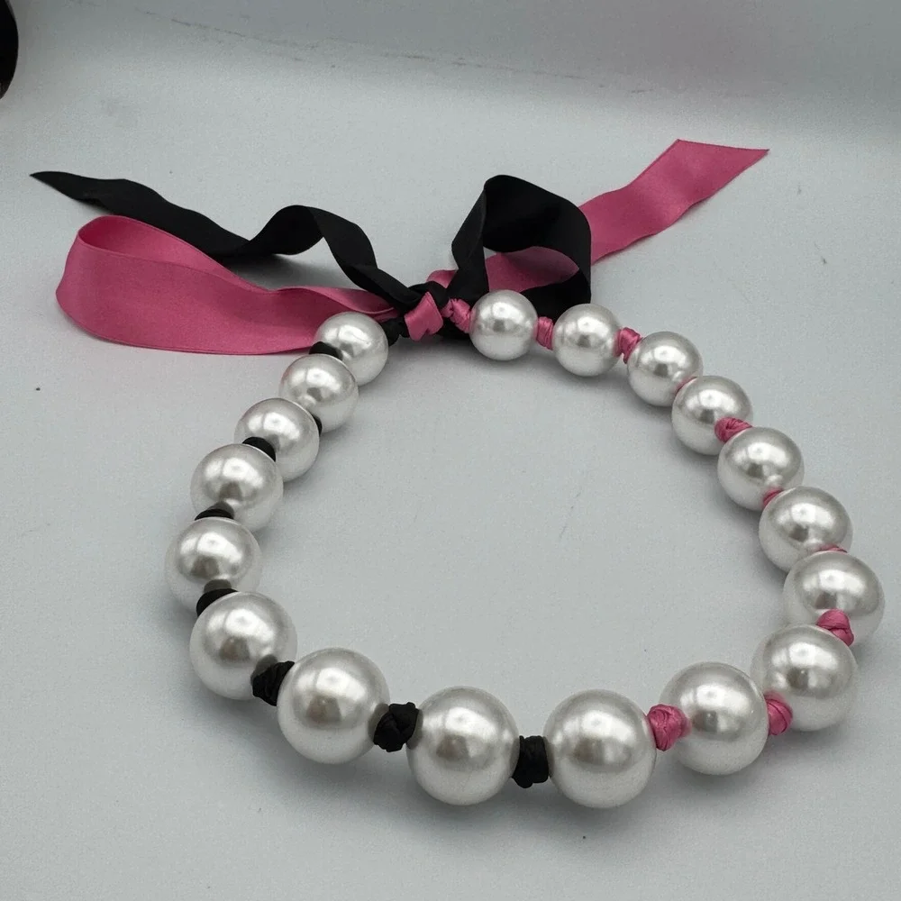 Oversized Faux Pearl Statement Necklace Ribbon Tie ‎ Pink Black Satin 20mm Beads